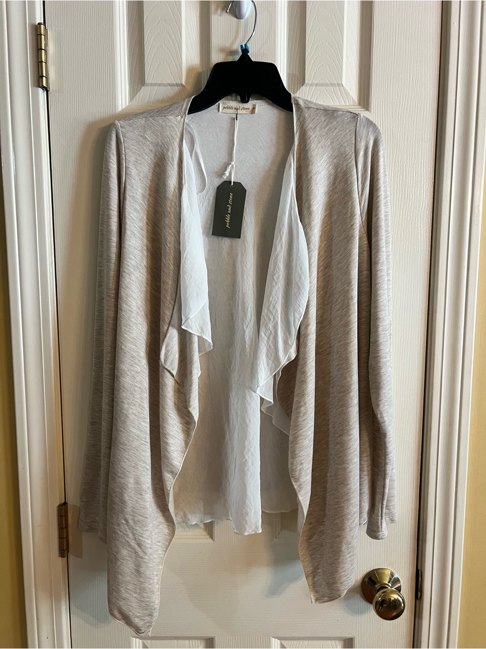 Pebble and Stone Light Tan Draped Cardigan with White Ruffle Panel